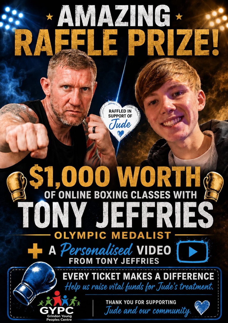 Amazing raffle prize poster — $1,000 of online boxing classes with Olympic medalist Tony Jeffries, plus a personalised video, in support of Jude